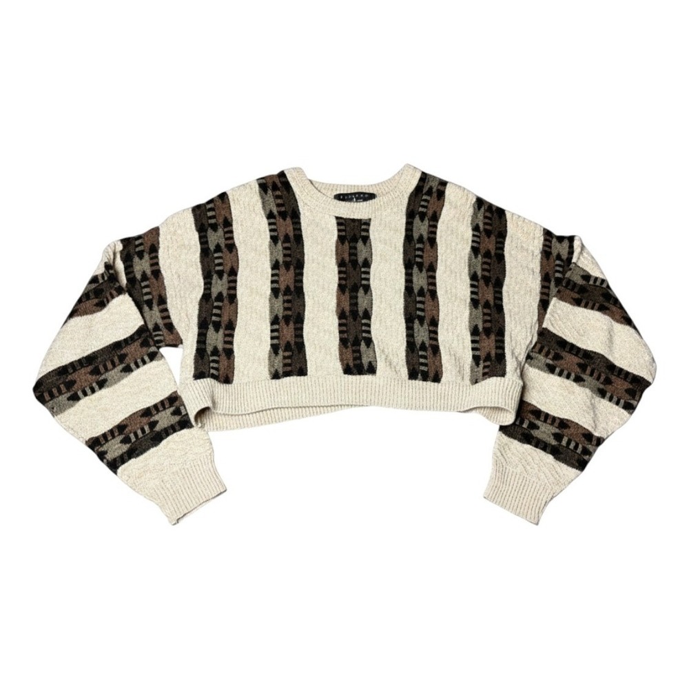 Protege Collection Vintage Geometric Textured Knit Cropped Sweater Earth Tones L